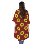 Burgundy Sunflower Pattern Print Open Front Beach Cover Up