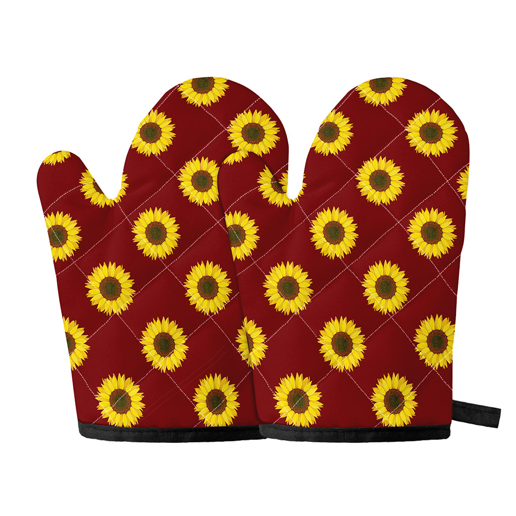Burgundy Sunflower Pattern Print Oven Mitts