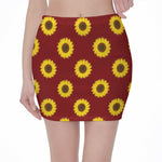 Burgundy Sunflower Pattern Print Pencil Mini Skirt