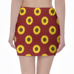 Burgundy Sunflower Pattern Print Pencil Mini Skirt