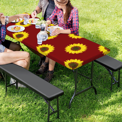 Burgundy Sunflower Pattern Print Picnic Table Cover