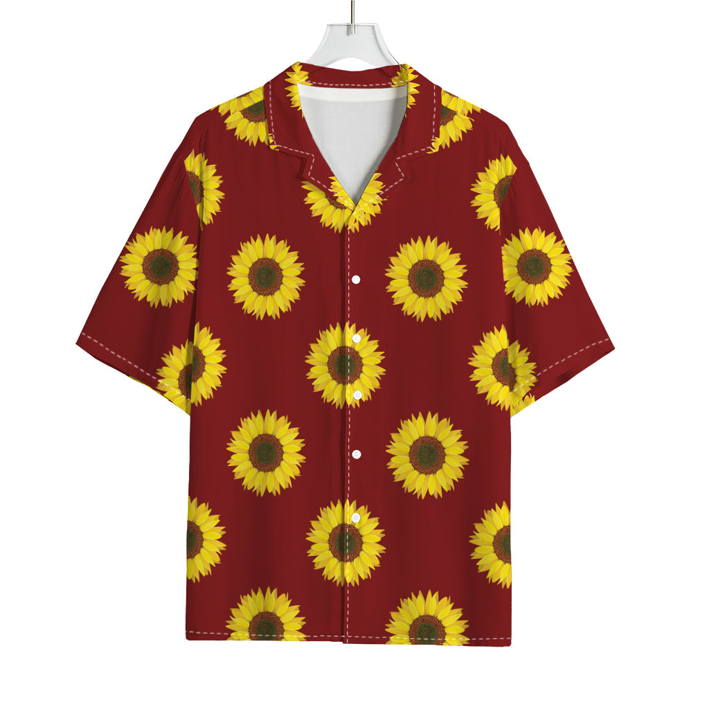 Burgundy Sunflower Pattern Print Rayon Hawaiian Shirt