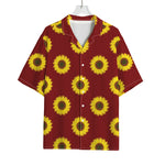 Burgundy Sunflower Pattern Print Rayon Hawaiian Shirt