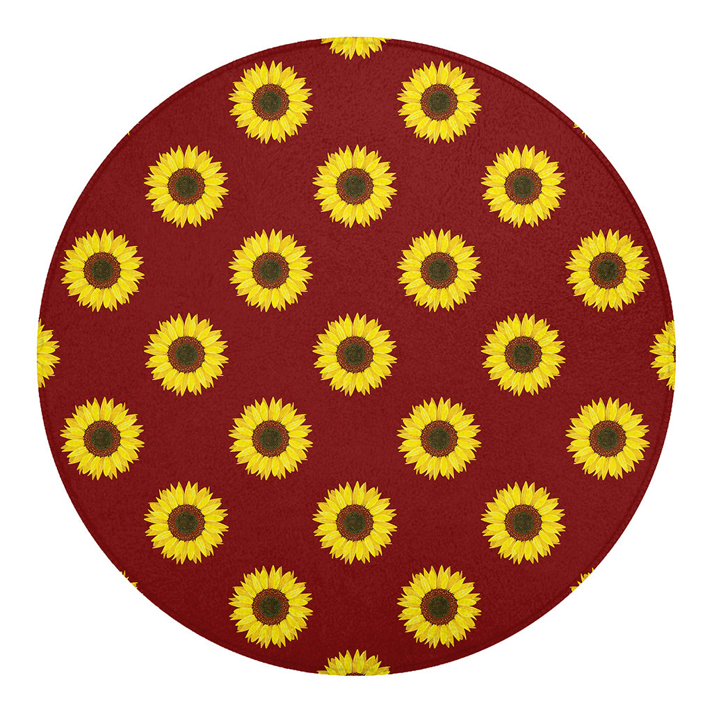 Burgundy Sunflower Pattern Print Round Blanket