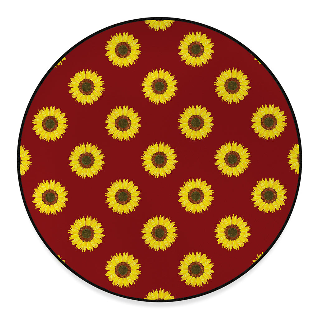 Burgundy Sunflower Pattern Print Round Floor Mat