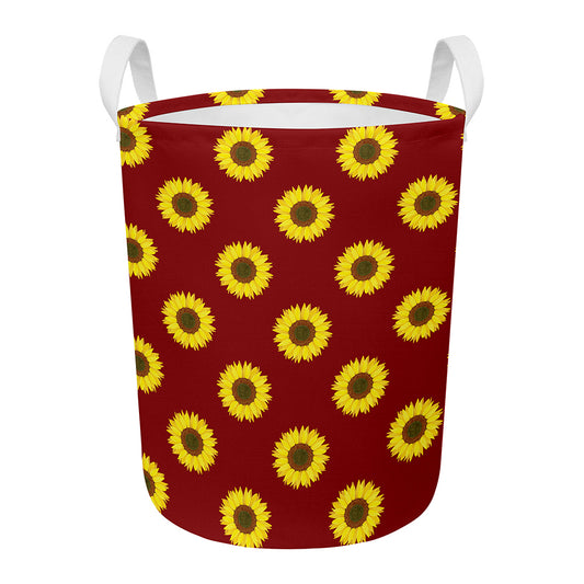 Burgundy Sunflower Pattern Print Round Laundry Basket