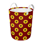 Burgundy Sunflower Pattern Print Round Laundry Basket