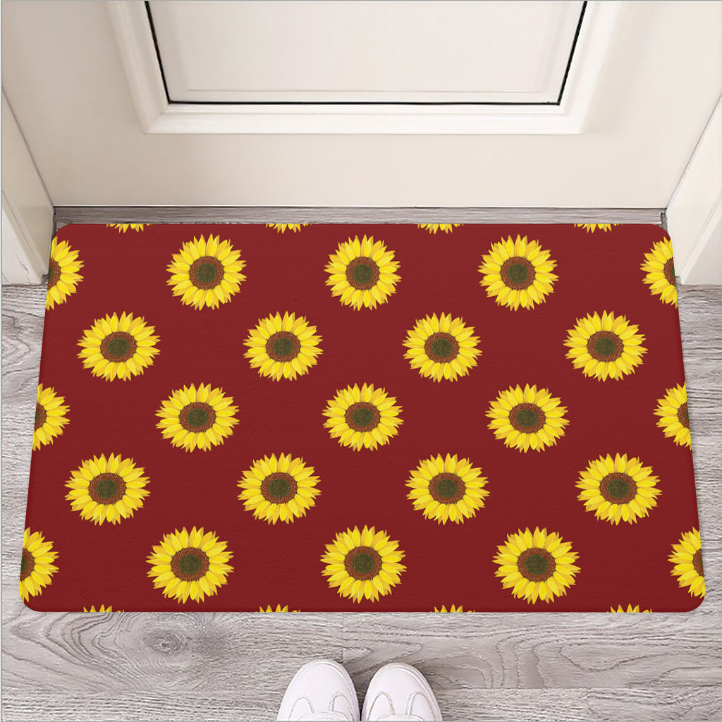 Burgundy Sunflower Pattern Print Rubber Doormat