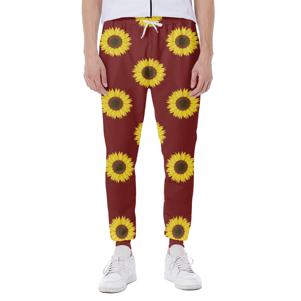 Burgundy Sunflower Pattern Print Scuba Joggers