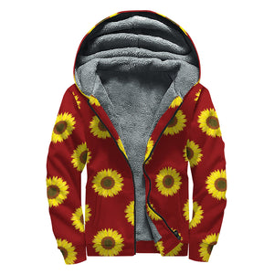 Burgundy Sunflower Pattern Print Sherpa Lined Zip Up Hoodie