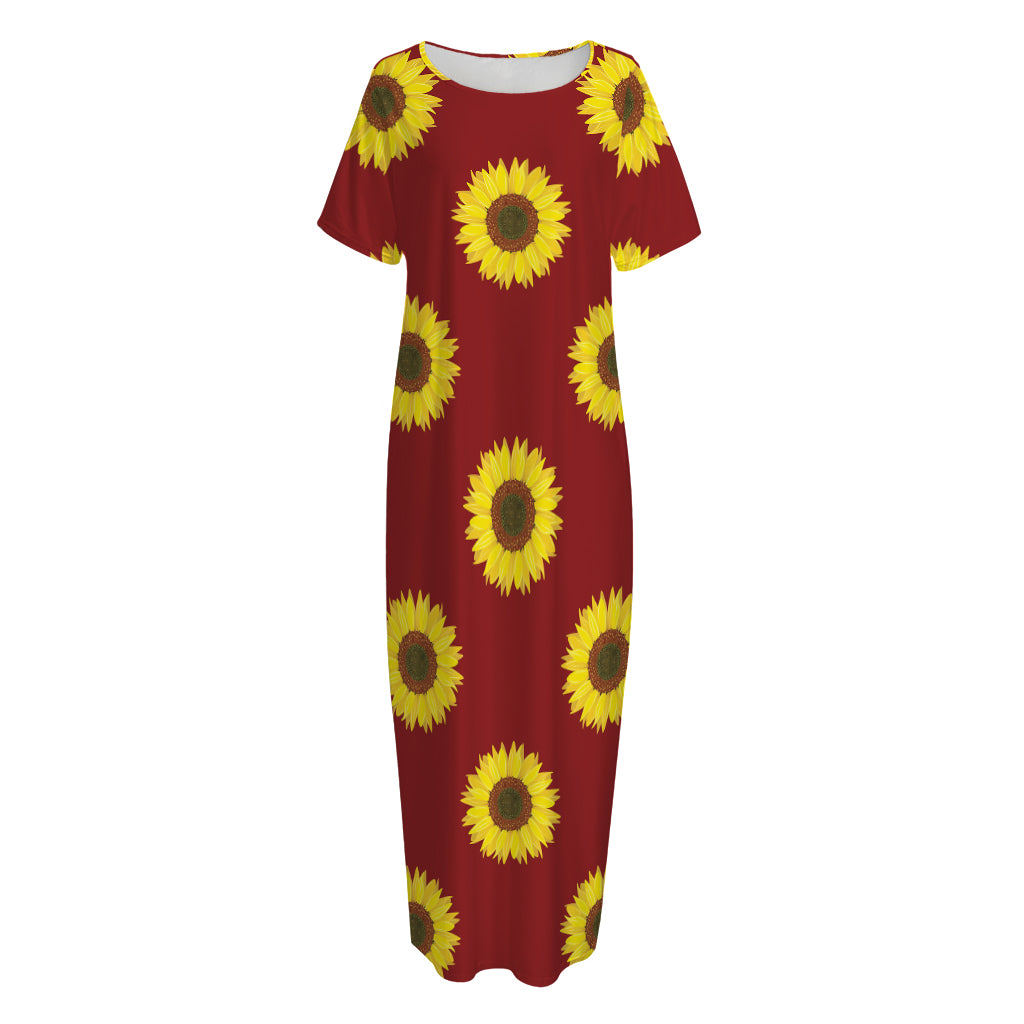 Burgundy Sunflower Pattern Print Short Sleeve Long Nightdress