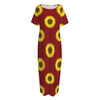 Burgundy Sunflower Pattern Print Short Sleeve Long Nightdress