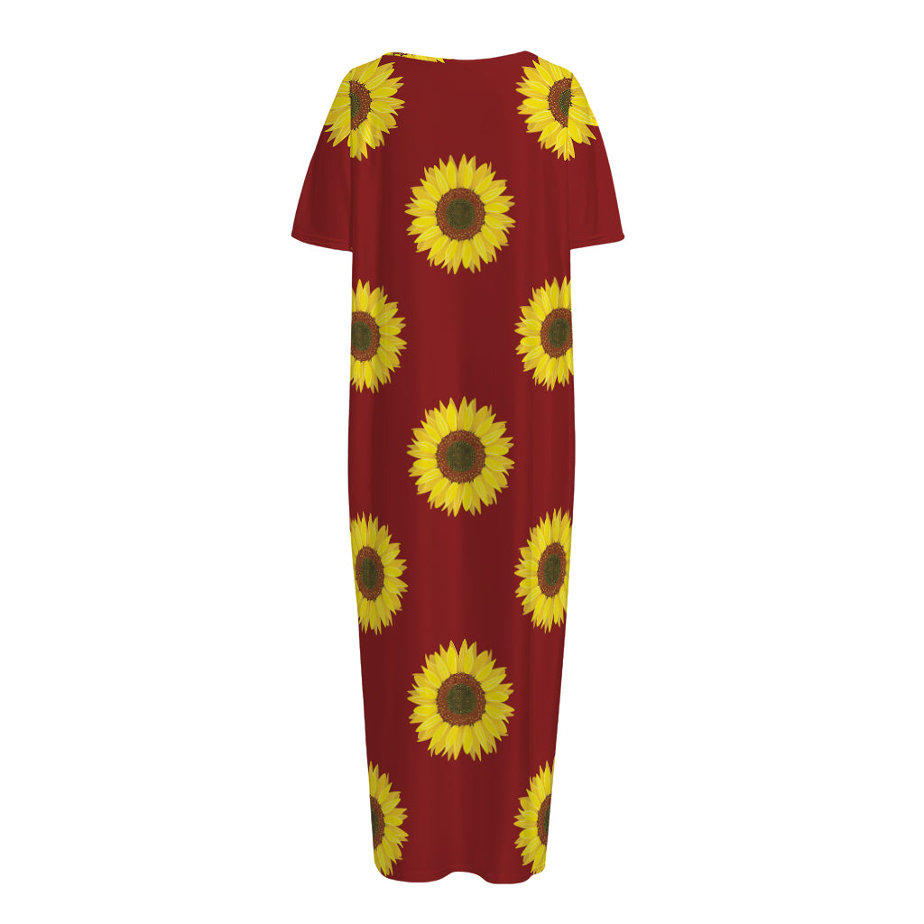 Burgundy Sunflower Pattern Print Short Sleeve Long Nightdress