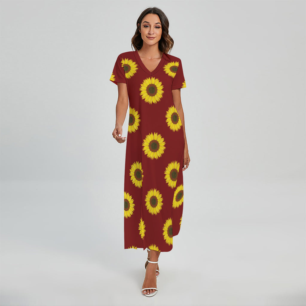 Burgundy Sunflower Pattern Print Short Sleeve Maxi Dress