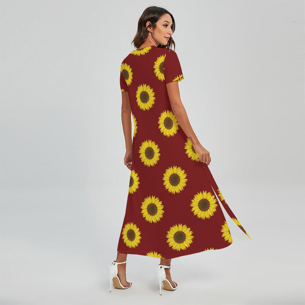 Burgundy Sunflower Pattern Print Short Sleeve Maxi Dress