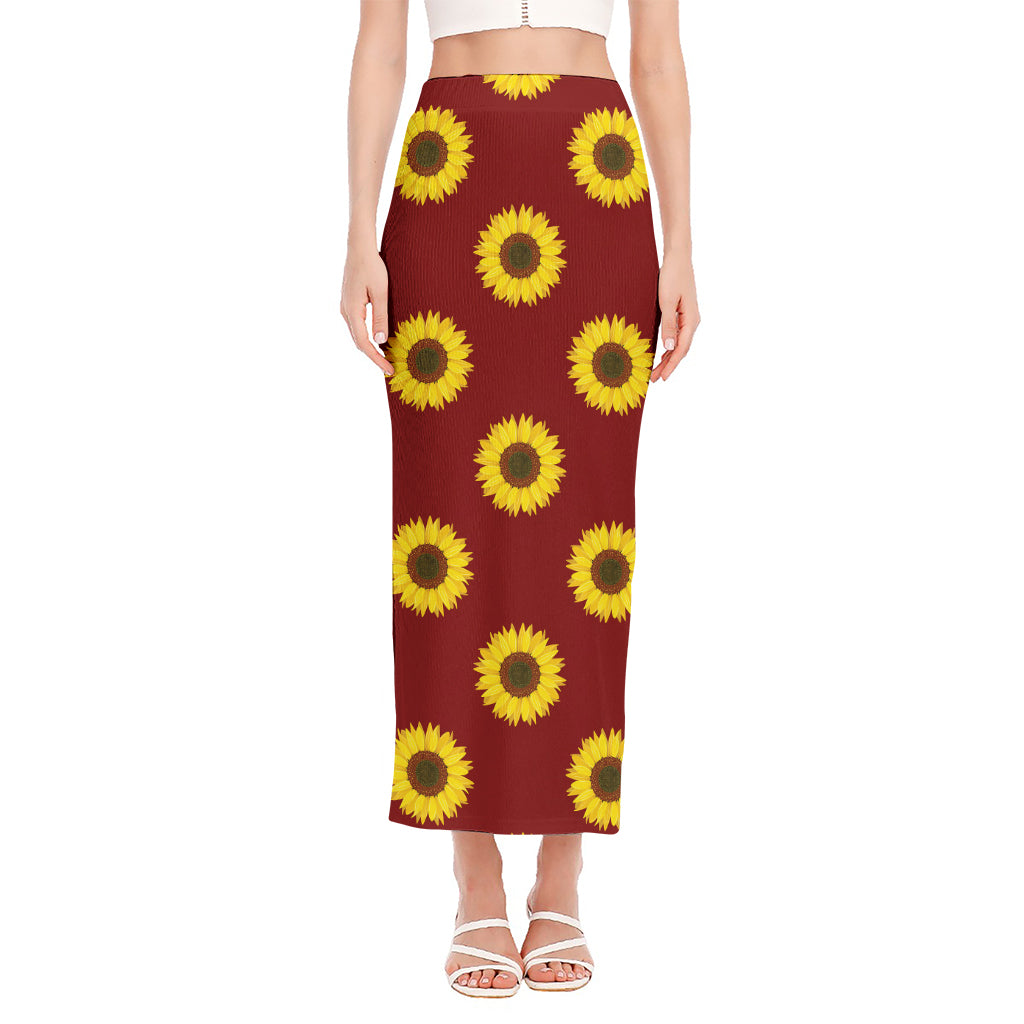 Burgundy Sunflower Pattern Print Side Slit Maxi Skirt