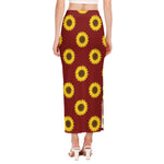 Burgundy Sunflower Pattern Print Side Slit Maxi Skirt