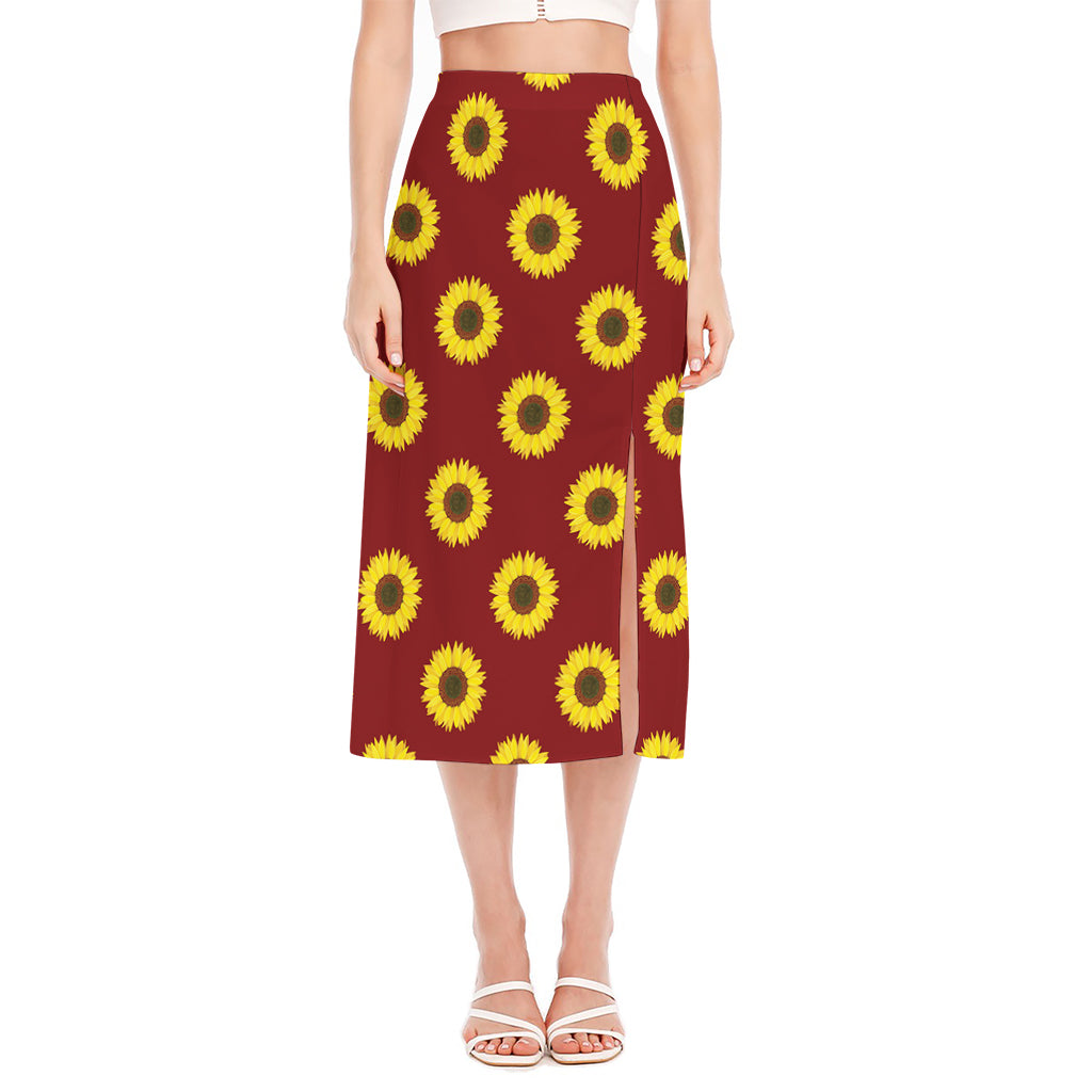 Burgundy Sunflower Pattern Print Side Slit Midi Skirt