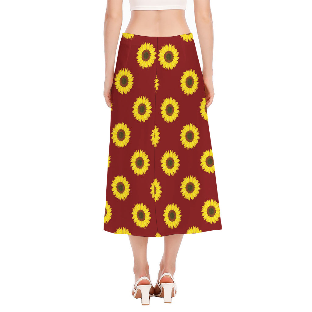 Burgundy Sunflower Pattern Print Side Slit Midi Skirt