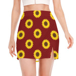 Burgundy Sunflower Pattern Print Side Slit Mini Skirt