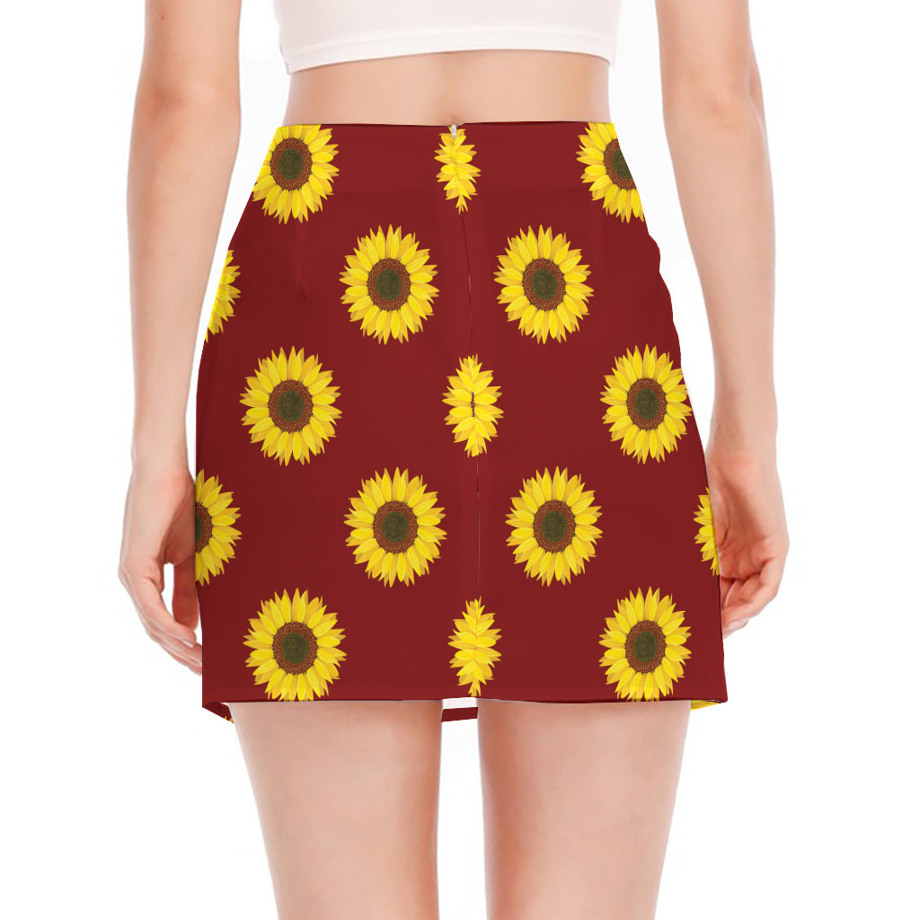 Burgundy Sunflower Pattern Print Side Slit Mini Skirt