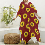 Burgundy Sunflower Pattern Print Silk V-Neck Kaftan Dress