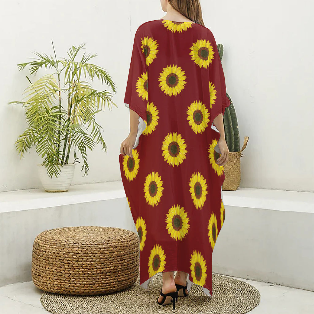 Burgundy Sunflower Pattern Print Silk V-Neck Kaftan Dress