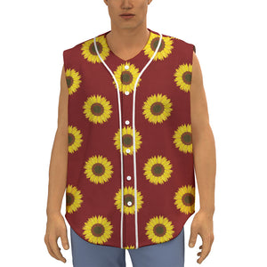 Burgundy Sunflower Pattern Print Sleeveless Baseball Jersey