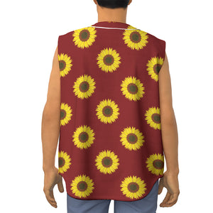 Burgundy Sunflower Pattern Print Sleeveless Baseball Jersey