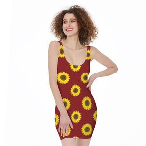 Burgundy Sunflower Pattern Print Sleeveless Bodycon Dress