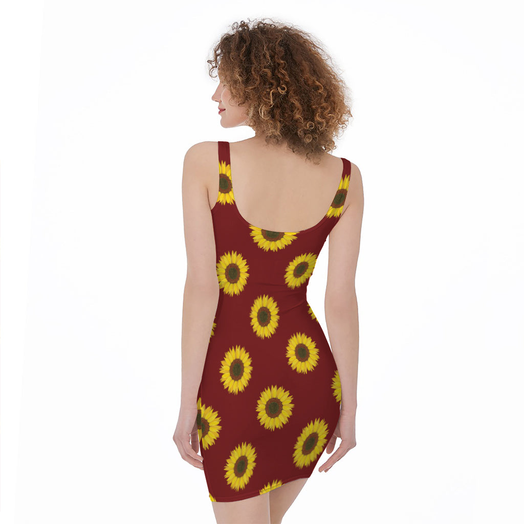 Burgundy Sunflower Pattern Print Sleeveless Bodycon Dress