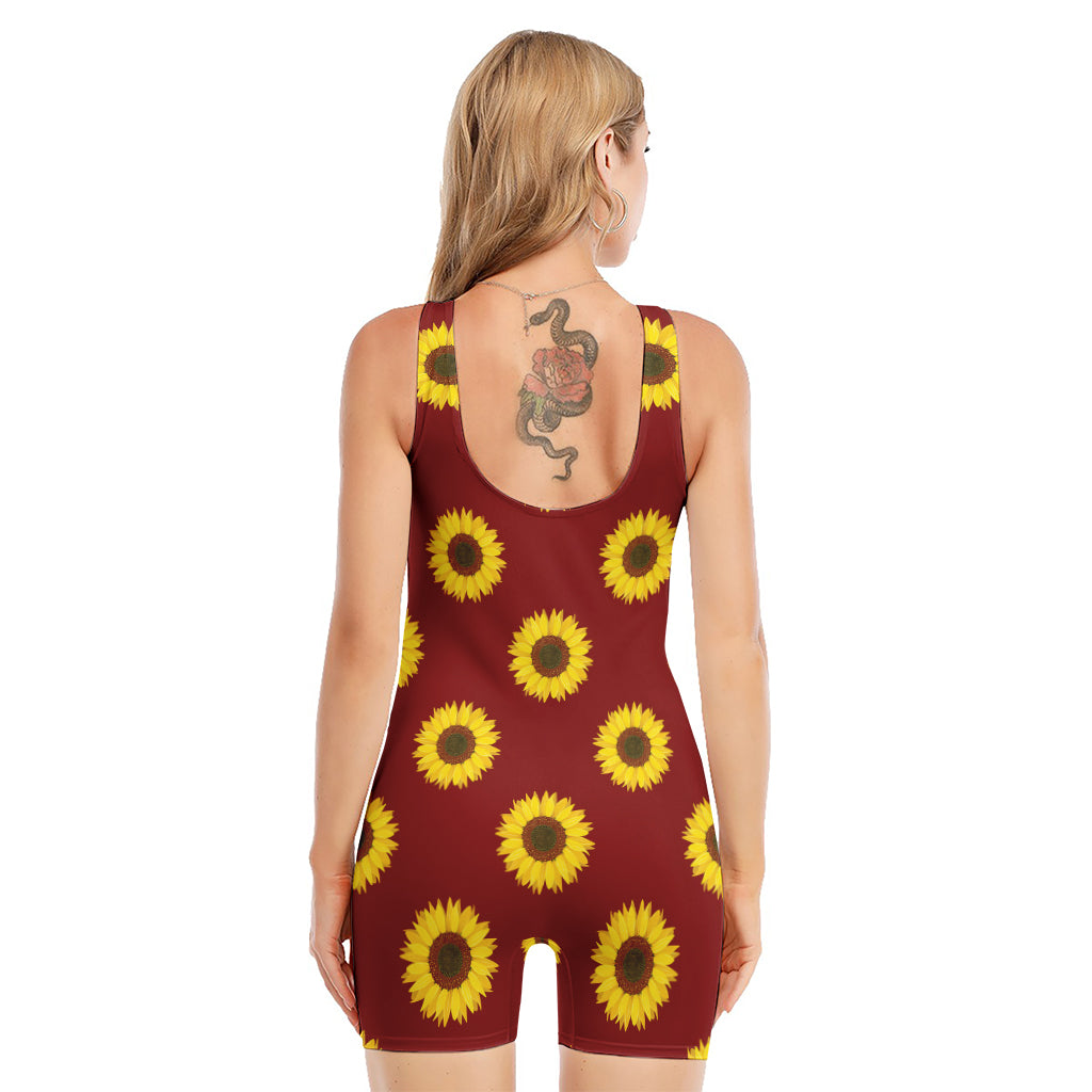 Burgundy Sunflower Pattern Print Sleeveless One Piece Swimsuit