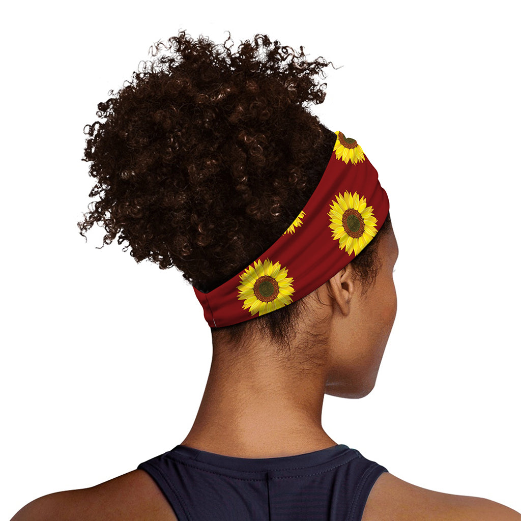 Burgundy Sunflower Pattern Print Sports Headband
