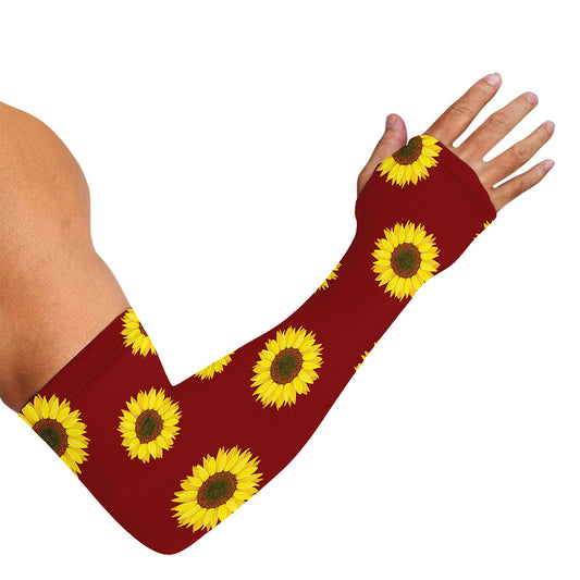 Burgundy Sunflower Pattern Print Sun Protection Arm Sleeves