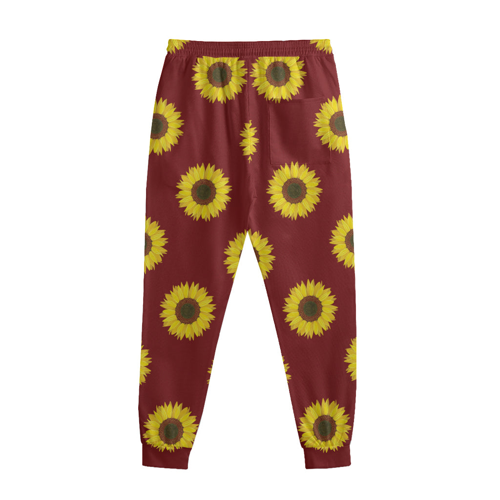 Burgundy Sunflower Pattern Print Sweatpants