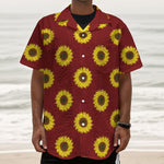 Burgundy Sunflower Pattern Print Textured Short Sleeve Shirt