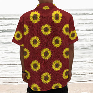 Burgundy Sunflower Pattern Print Textured Short Sleeve Shirt