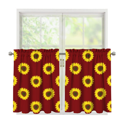Burgundy Sunflower Pattern Print Tier Curtains