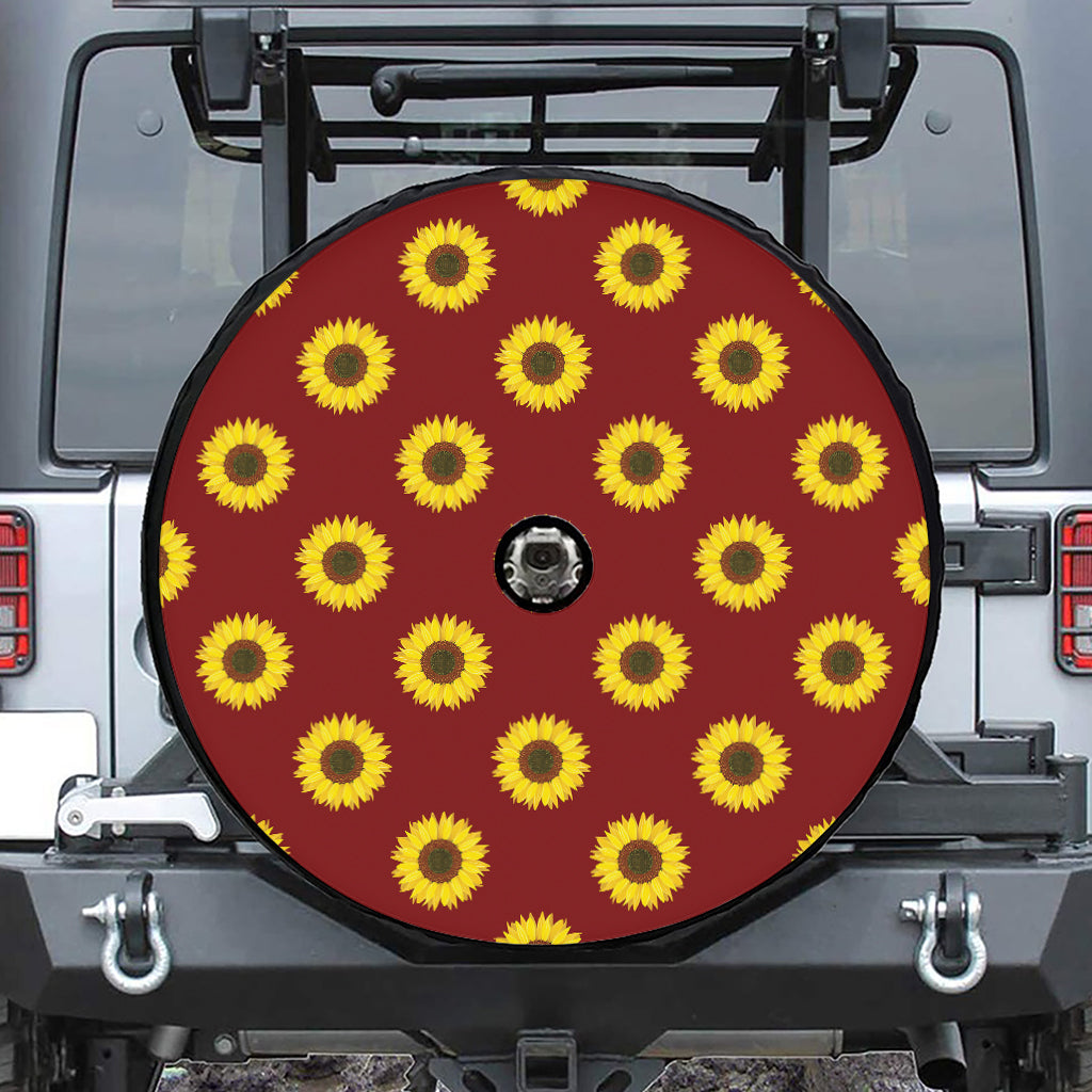 Burgundy Sunflower Pattern Print Tire Cover With Camera Hole