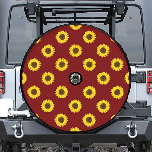 Burgundy Sunflower Pattern Print Tire Cover With Camera Hole