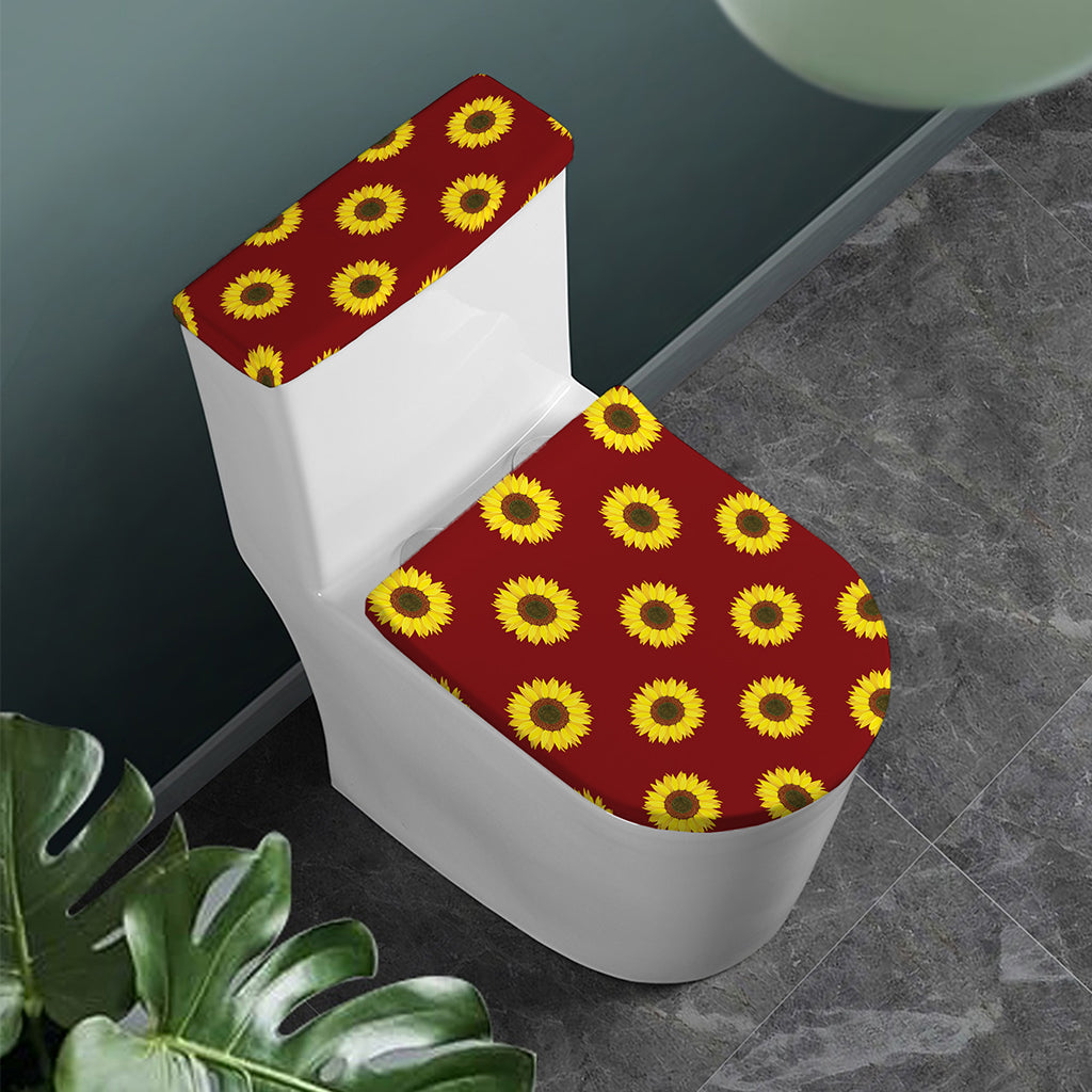 Burgundy Sunflower Pattern Print Toilet Lid And Tank Cover Set