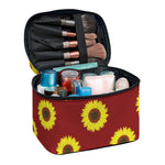 Burgundy Sunflower Pattern Print Travel Makeup Bag
