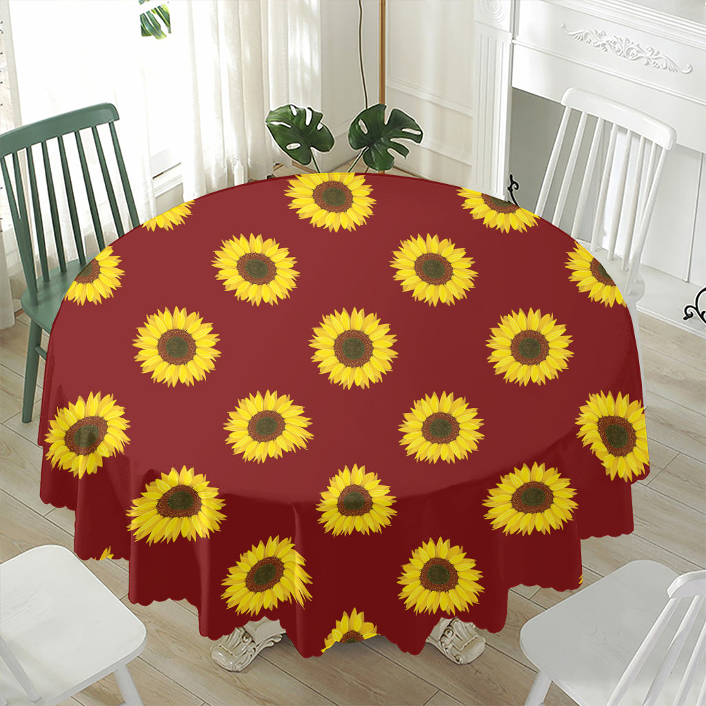 Burgundy Sunflower Pattern Print Waterproof Round Tablecloth