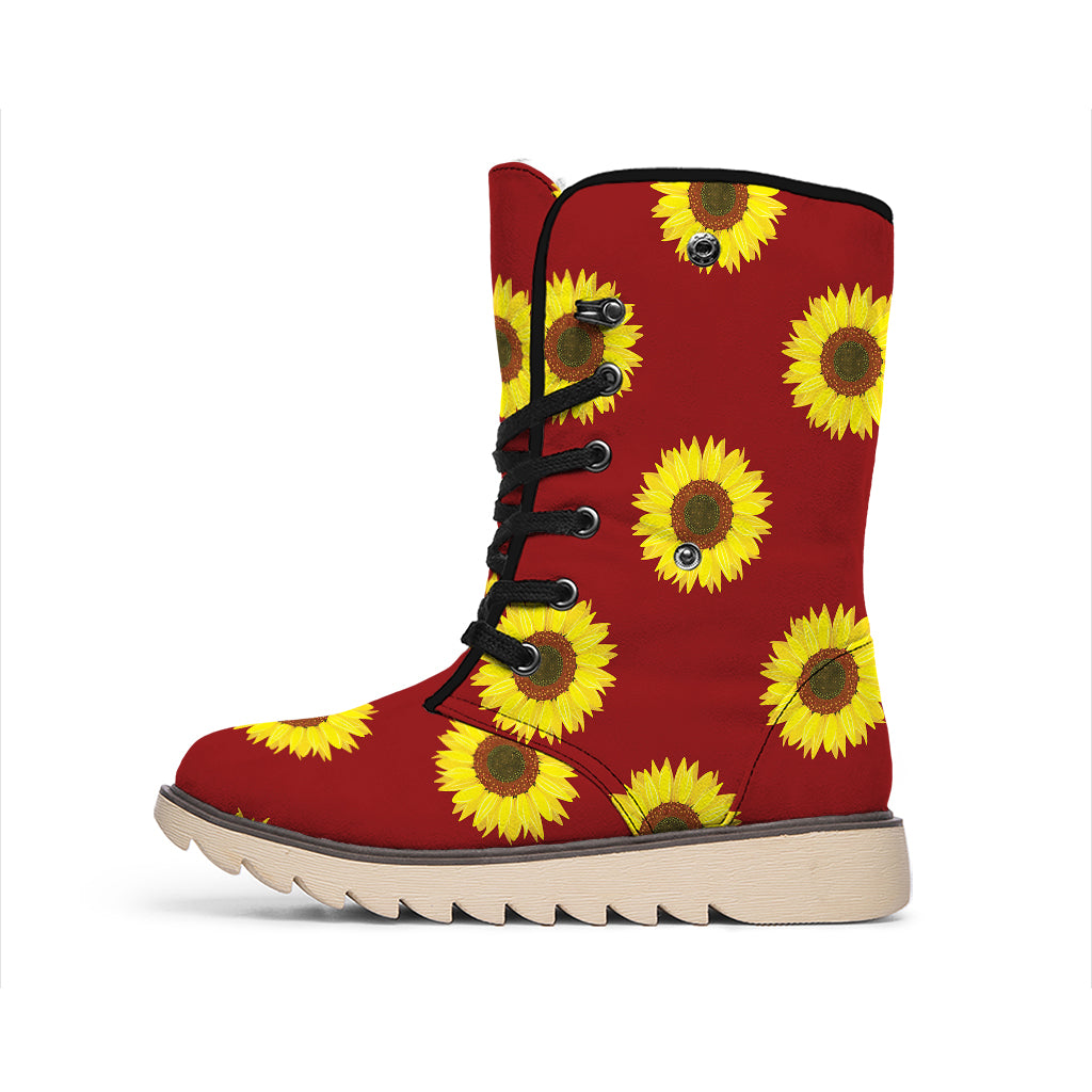 Burgundy Sunflower Pattern Print Winter Boots