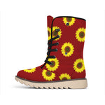 Burgundy Sunflower Pattern Print Winter Boots