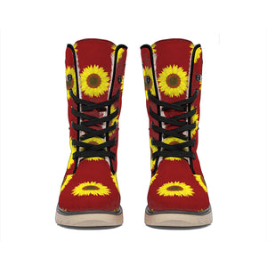 Burgundy Sunflower Pattern Print Winter Boots