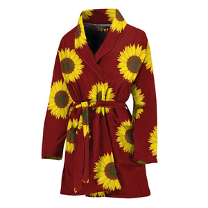 Burgundy Sunflower Pattern Print Women's Bathrobe