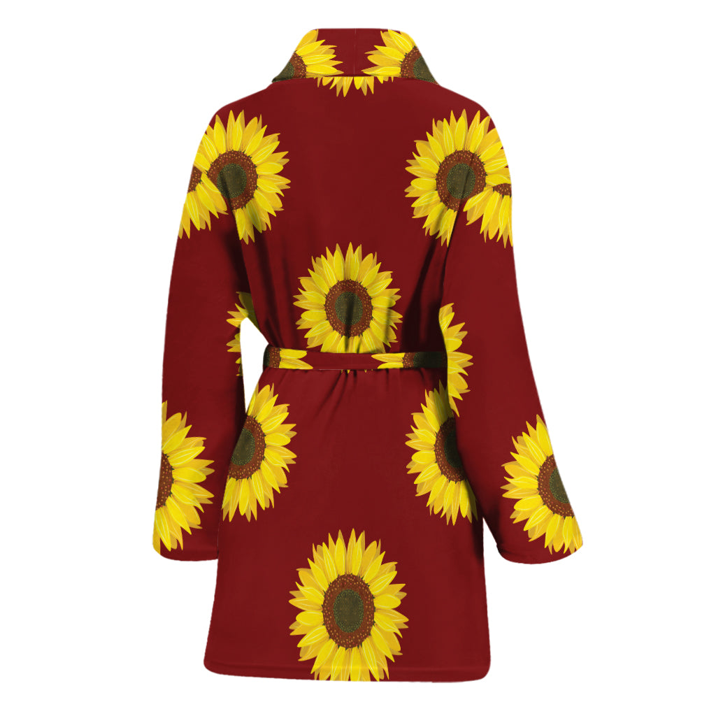 Burgundy Sunflower Pattern Print Women's Bathrobe