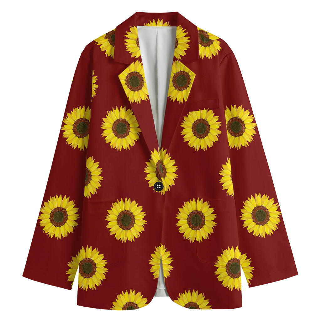 Burgundy Sunflower Pattern Print Women's Blazer