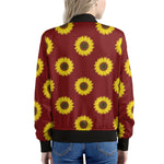 Burgundy Sunflower Pattern Print Women's Bomber Jacket